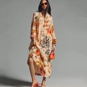Anthropologie Peach Floral Maxi Dress with Orange Accents
